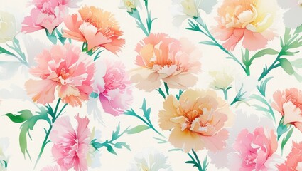 Seamless Watercolor Floral Pattern with Carnation Blooms background