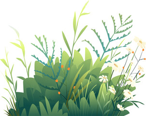 Colorful Botanical Cartoon Grass and Leaves Floral Composition. Green spring or summer floral nature scene design. Vector illustration, hand drawn nature clip art cartoon for kids in watercolor style