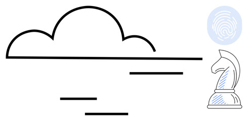 Abstract cloud with lines implies cloud computing, chess knight emphasizes strategic thinking, fingerprint symbolizes security. Ideal for technology, strategy, cloud storage, security, innovation