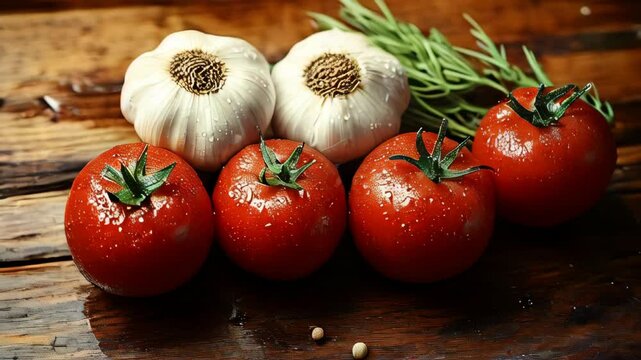Juicy tomatoes and aromatic garlic sit together on a rustic wooden surface, accompanied by fresh rosemary, showcasing vibrant colors and textures perfect for cooking enthusiasts.