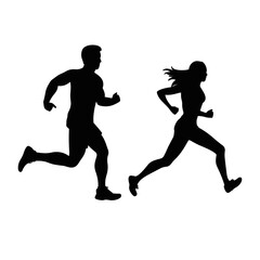 Vector silhouettes of running people, man and woman, couples of athletes, profile, black, isolated on a white background 