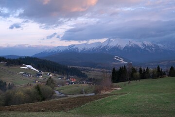Panorama from Litwinka peak (Czarna Gora) with snow-capped Tatras mountains, Lesser Poland, Poland