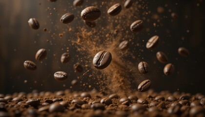 Dynamic Coffee Beans Explosion Roasted Coffee Beans Falling and Ground Coffee in Motion