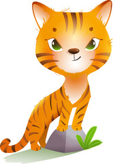 Cute Cartoon Baby Tiger for children. Wild cat hand drawn safari animal character design. Friendly wild animal from jungle. Vector animal illustration clip art, isolated wildlife cartoon for kids.