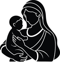 mother and daughter, mother and son, mother and baby, silhouette of a mother holding a baby on white background.