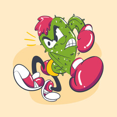 Cartoon Angry Cactus Boxer Character Vector Illustration