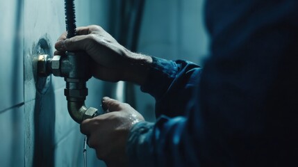 Plumber fixing a burst pipe in a utility room. Featuring skill and urgency