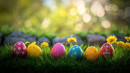 A gleaming pile of Easter eggs, a vibrant spring hoard, drenched in warm golden light, signifying new beginnings