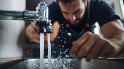Plumber fixing a burst pipe under a sink. Featuring pipe repair and emergency plumbing