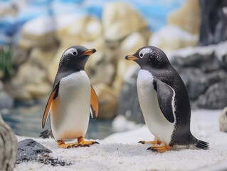 Fototapeta premium Two penguins in a naturalistic habitat, possibly an aquarium or zoo enclosure, with artificial snow and rock formations in the background.
