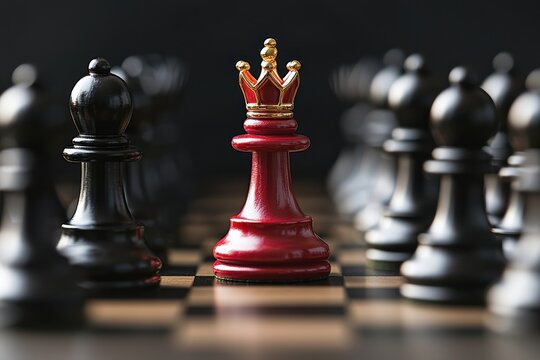 A striking chess scene featuring a red queen surrounded by black pawns, symbolizing strategy and competition in the game of chess.