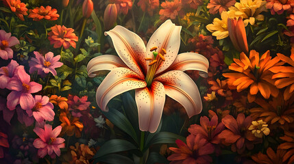 A vibrant lily stands out amidst a colorful flower garden.