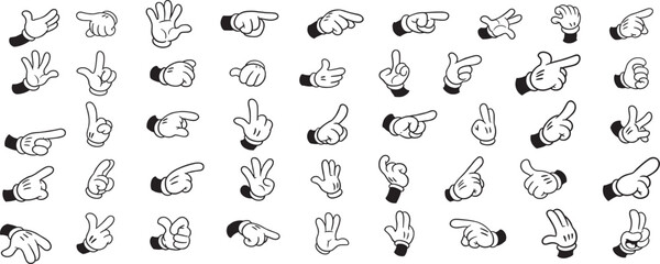 Set of cartoon hands in gloves. Retro style mascot hands. Rubber hose style hands