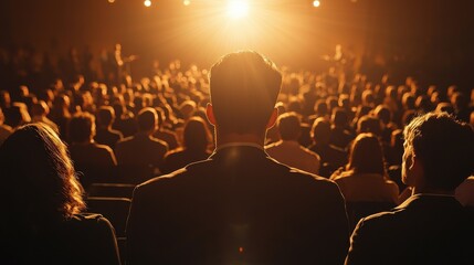 A crowd watches a performance, illuminated by a glowing spotlight, showcasing the excitement and anticipation in a live event atmosphere.