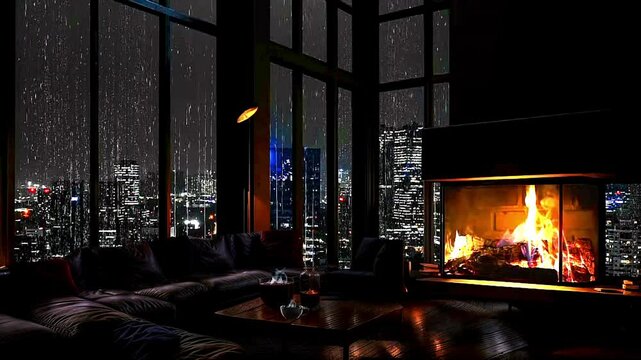 cozy room, with cozy fireplace at city rain sounds Enjoy this calming and sound on this Rainy City Nights, Sleep and Meditation for relaxing cozy or room

