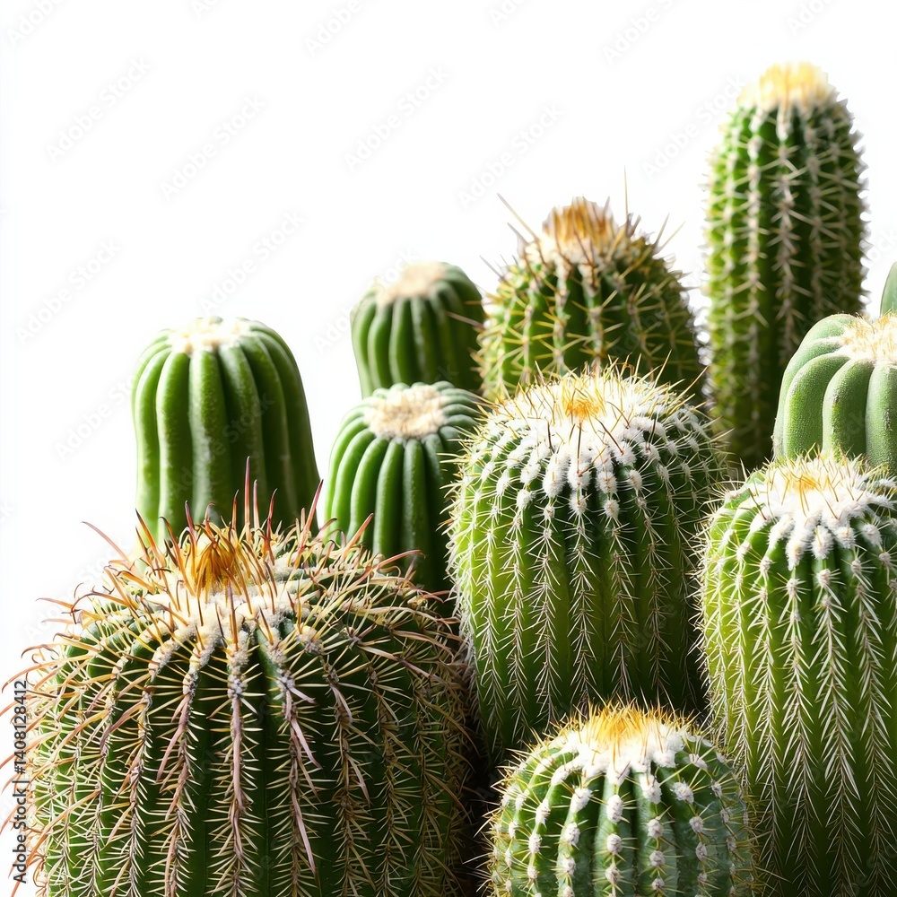 Poster a collection of vibrant green cacti with distinctive spines, showcasing unique shapes and textures a
