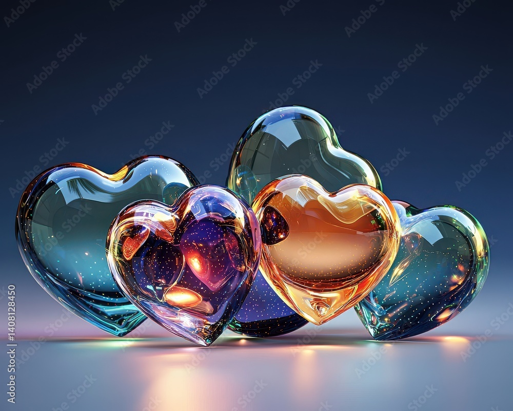 Poster a collection of colorful, glass hearts gracefully arranged, reflecting light and creating an enchant