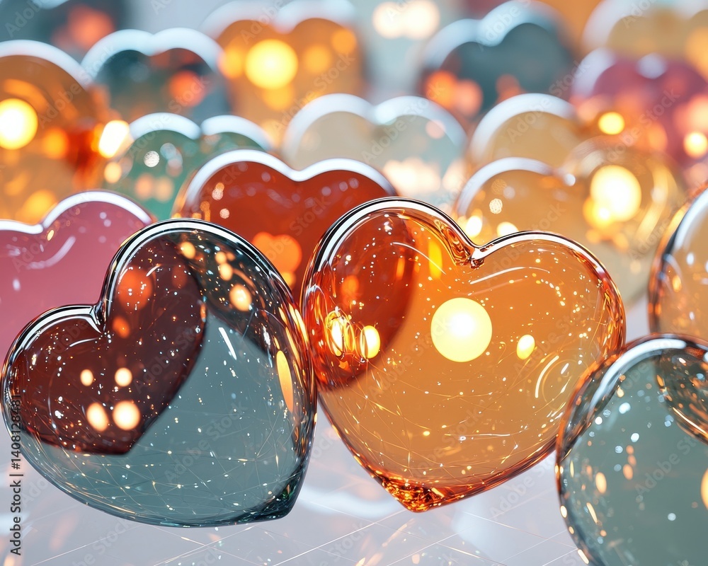 Poster a colorful array of glass hearts, reflecting light and creating a whimsical, romantic atmosphere.