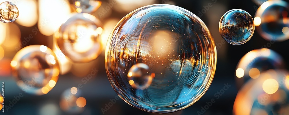 Poster a close-up view of colorful soap bubbles reflecting light, creating a mesmerizing visual effect agai