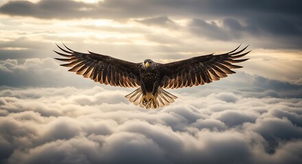 Fototapeta premium Eagle Soaring: Majestic Wings Above Golden Clouds AI Generated