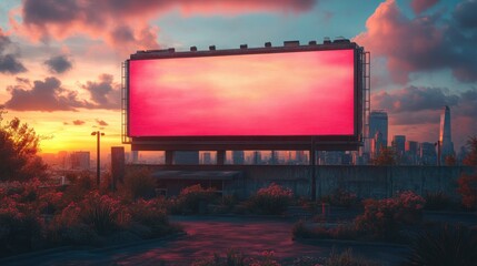 Obraz premium Vibrant Sunset Cityscape with Blank Billboard Advertisement Urban Rooftop Landscape