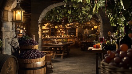 Rustic wine cellar scene with grapes bottles and soft lighting showcasing a cozy and inviting ambiance