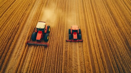 Obraz premium Aerial View of Tractors Harvesting Wheat in Golden Field, Two red tractors working in a golden wheat field