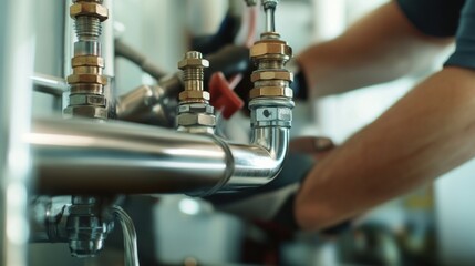 Plumber fixing a gas line in a kitchen. Featuring pipe repair and safety measures