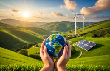 Sustainable Energy and Environment Concept &ndash; Hands Holding Earth Globe with Wind Turbines and Solar Panels in Nature