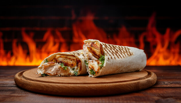 Delicious chicken shawarma, durum doner, tasty wrap with meat, burning background. Fast food.