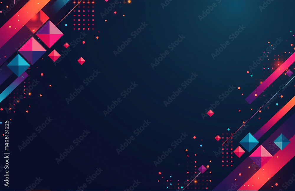 Poster A Modern And Colorful Web Banner Features A Geometric Pattern With Triangles, Squares, And Stripes Over A Dark Colored Gradient.