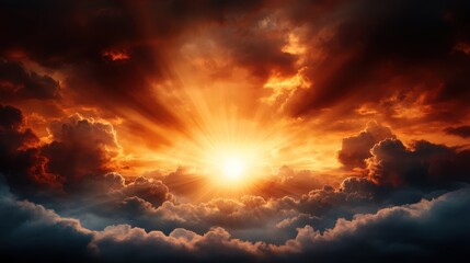 A breathtaking sunrise captured with golden rays illuminating fluffy clouds, portraying the tranquility of early morning and the promise of a new day.