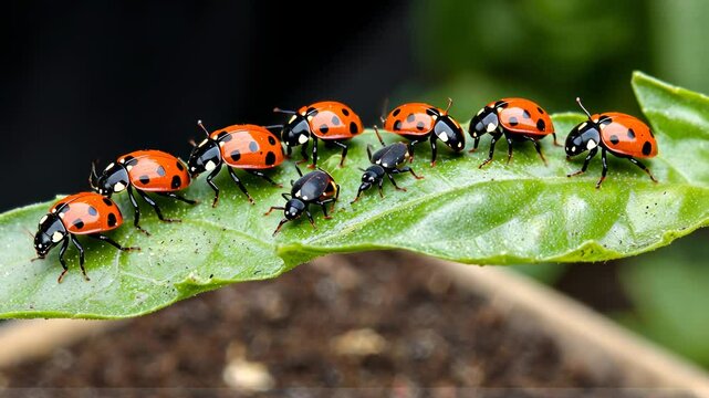 Seven Ladybugs on a Leaf