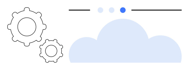 Gears representing operation by cloud icon with progress tracker elements. Ideal for technology, cloud computing, automation, data synchronization, settings, process monitoring, and simple landing