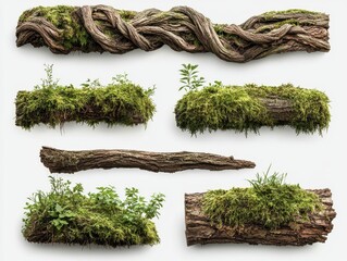 A collection of moss-covered logs showcasing intricate natural textures and greenery, styleed for aesthetic appeal.