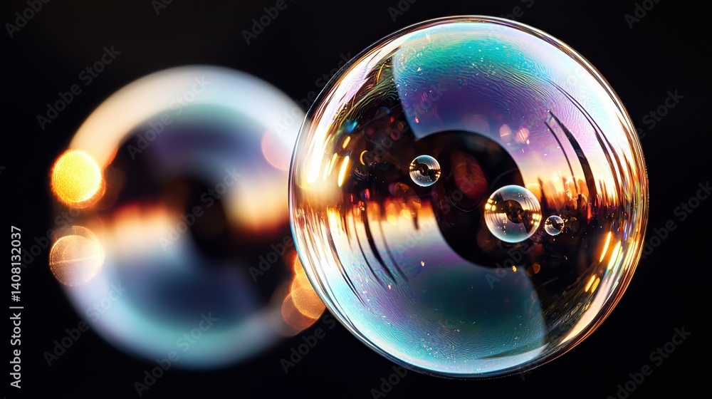 Poster a close-up of shimmering soap bubbles reflecting colorful lights and scenes, creating a mesmerizing 