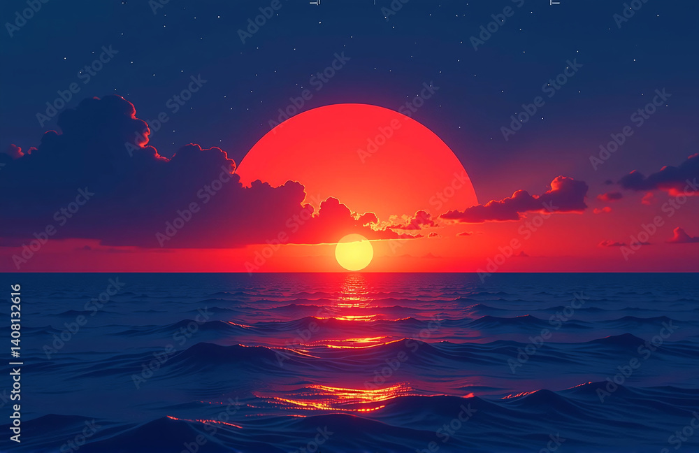 Aufkleber A Navy Blue And Red Abstract Background Features A Colorful Sunset With Copy Space For A Bright And Modern Design.