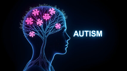 Obraz premium Neon puzzle-piece tech tree against holographic black. Polygonal head silhouette with digital typography for autism awareness.