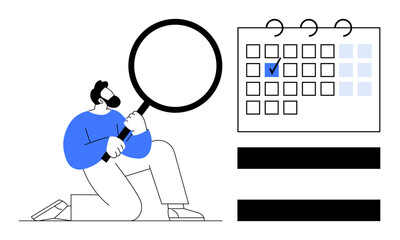 Person holding magnifying glass near calendar with marked date, emphasizing focus and organization. Ideal for time management, scheduling, productivity, planning, deadlines, task management, flat