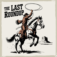 Dynamic Silhouette of Cowboy on Rearing Horse with Lasso &ndash; Bold Western Icon in Classic Black and White Rodeo Style