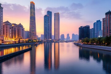 A panoramic view of Tianjin city at sunset, featuring modern skyscrapers and historic architecture along the Hai River
