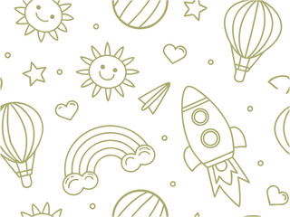 Whimsical Space and Sky Pattern  Cute Doodle Rocket Balloon Rainbow Design