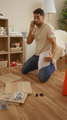 Young man with a beard kneels on a wooden floor in a living room talking on a phone while holding furniture assembly instructions suggesting home improvement.