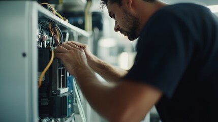 HVAC technician installing a new furnace in a basement. Featuring technical skill and precision