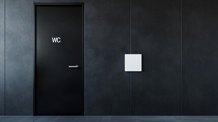 Minimalist black bathroom door with WC sign and black textured wall