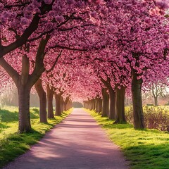 Naklejka premium A picturesque walkway enveloped by blooming cherry blossoms