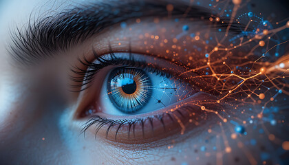 Obraz premium Surreal Human Eye with Nanoscale Data Overlays Visualizing Advanced Nanotechnology and Bio Digital Integration