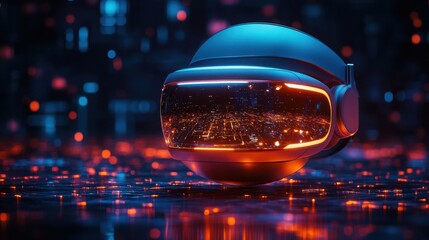 Futuristic VR Headset Displaying Night Cityscape Virtual Reality Technology