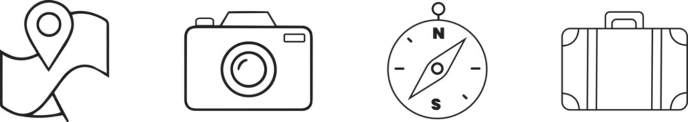  Set of 4 travel-related icons: location pin, camera, compass, and suitcase, ideal for tourism, travel planning, and adventure-themed digital designs.
