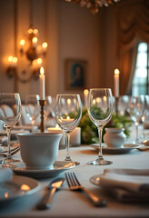 table set for a formal dinner with white dishes and silverware